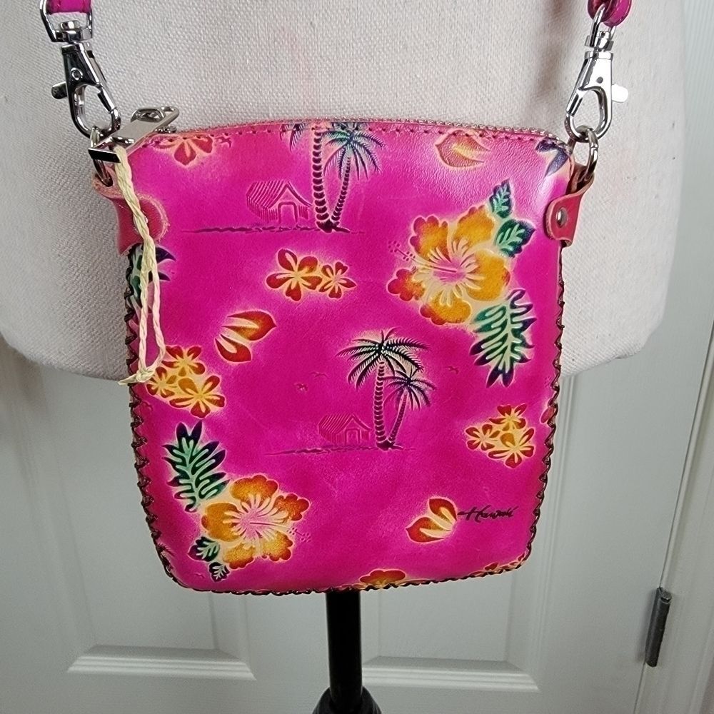 Pink tooled leather crossbody purse floral - Picture 2 of 8